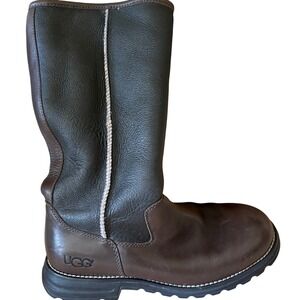 UGG Women's Brooks Brown Leather Tall Boots Round Toe Lug Sole Comfortable Shoes